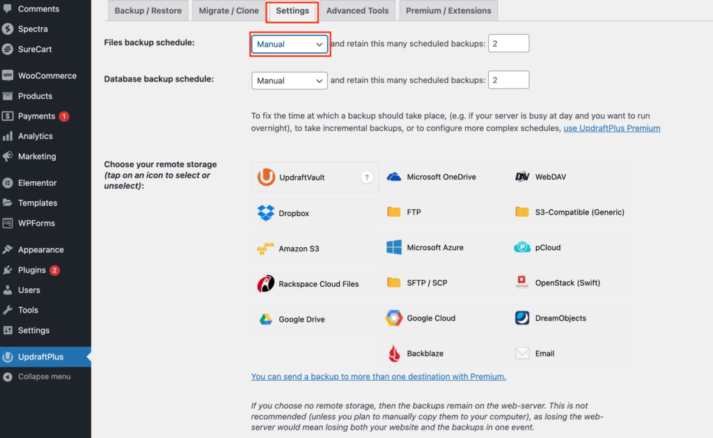 UpdraftPlus Plugin Settings- Setting Backup Schedule